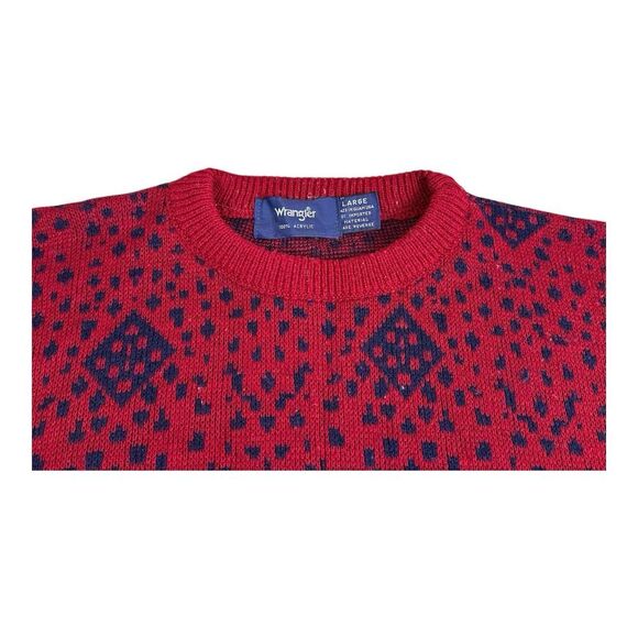 Vintage Wrangler Retro Sweater Mens L Red Geometric Crew Knit USA Made Pullover - Picture 13 of 14